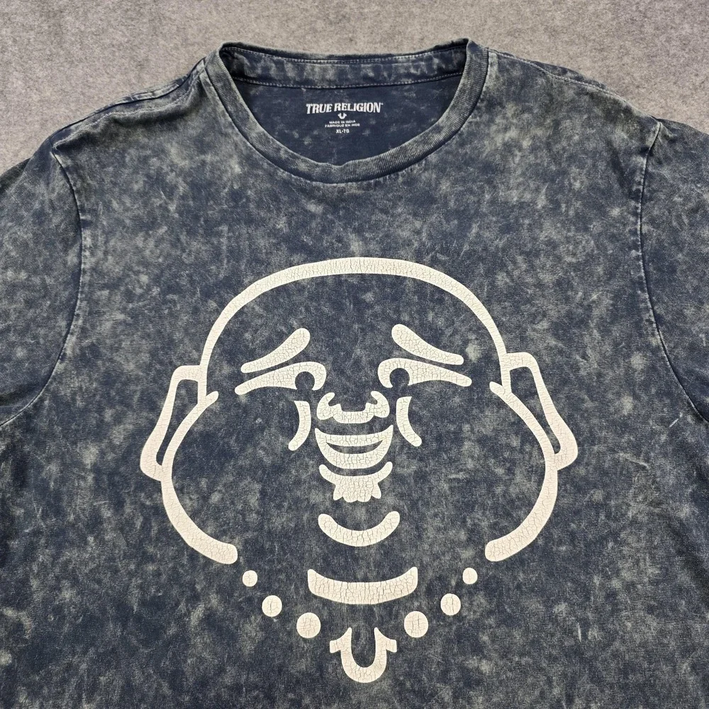 True Religion Shirt Mens XL Blue Buddha Acid Wash Crewneck Graphic Tee Logo